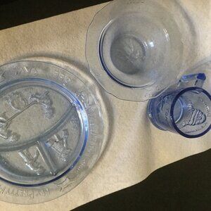 Vintage 3 piece child's glass nursery rhyme dish set blue in color